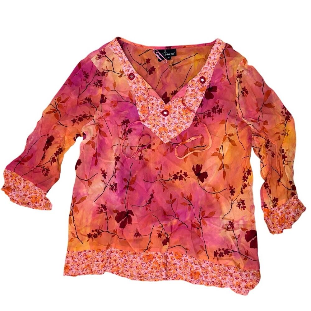 🌸 Vibrant Floral Sheer 3/4 Sleeve Red Orange Blouse 🌺 Size 10